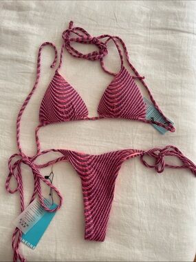 Pink & Purple Striped Tie-Side Triangle Bikini Set
